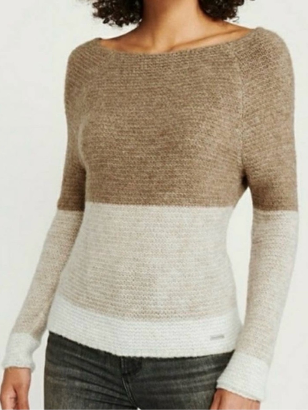 Abercrombie & Fitch Two-Tone Off-Shoulder Sweater in Taupe & Cream